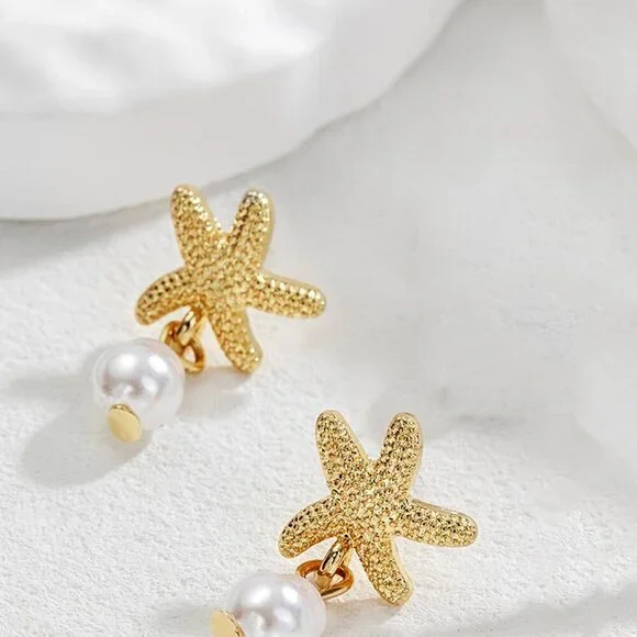 Women's Gold Starfish Dangle Earrings Dainty Pearl Ocean Beach Jewelry Gifts - Picture 5 of 7